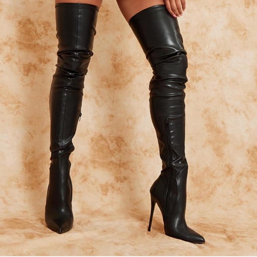 BLACK THIGH HIGH BOOTS SIZE 7 4 inch heel
